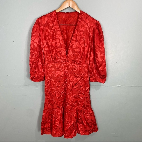 Sandro Azelie Red Mini Dress Floral V Neck Half Sleeve Silk‎ Blend Sz 40 L - Picture 2 of 6